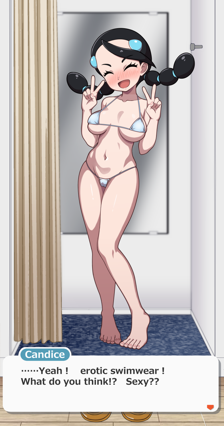 1girl :d alternate_costume arrow_(symbol) barefoot bikini black_hair blush breasts brown_footwear candice_(pokemon) character_name closed_eyes commentary_request creatures_(company) curtains dialogue_box double_v english_text eyelashes feet fitting_room game_freak hair_ornament hairclip hands_up highres indoors kohatsuka large_breasts long_hair multi-tied_hair nintendo open_mouth pigeon-toed pokemon pokemon_dppt shoes smile solo standing swimsuit tiptoes toes unworn_shoes v wooden_floor