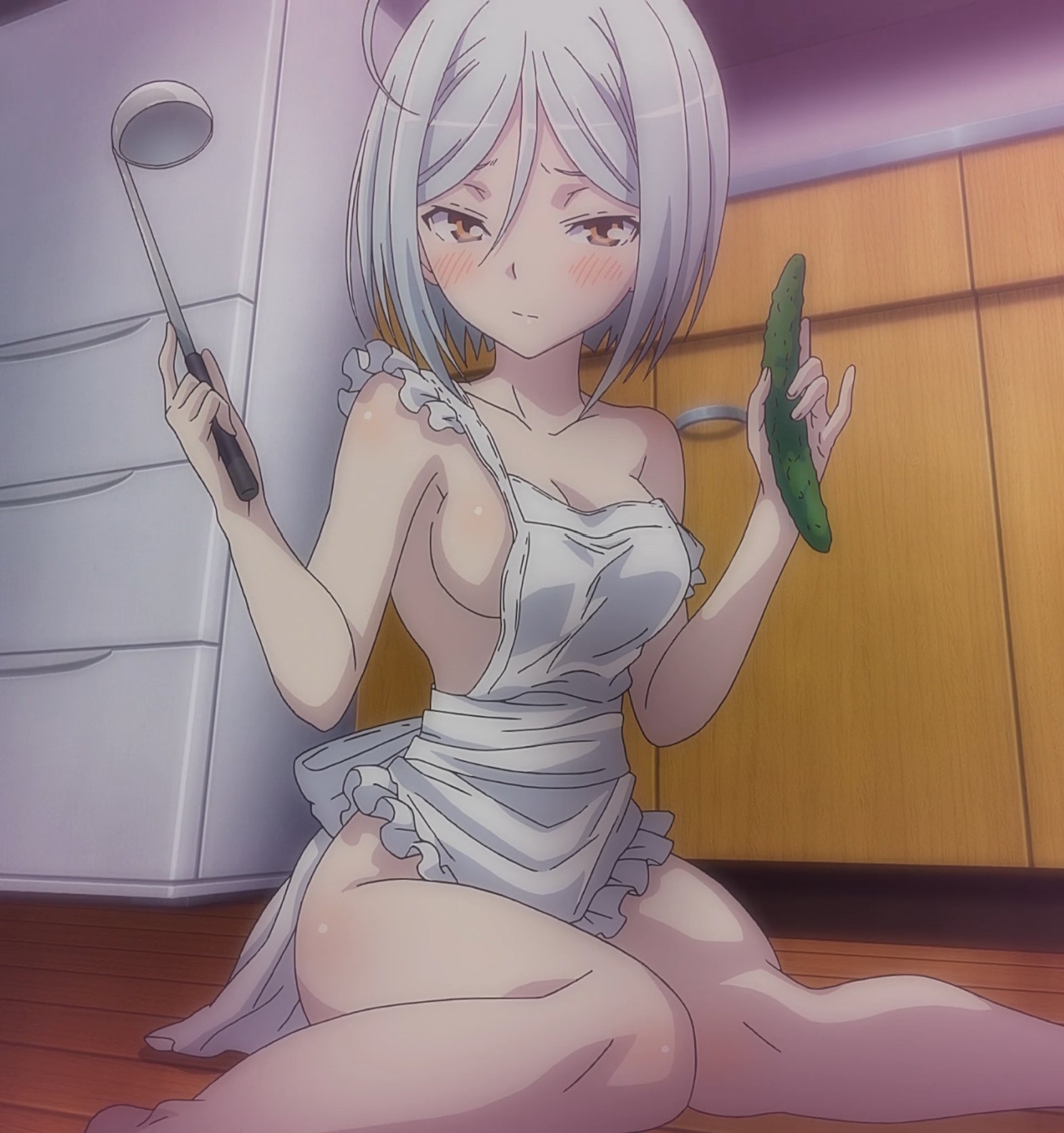 kannazuki arin, trinity seven, silver hair, highres, screencap, 10s, 1girl,  apron, cucumber, ladle, short hair, yellow eyes - Image View - | Gelbooru -  Free Anime and Hentai Gallery