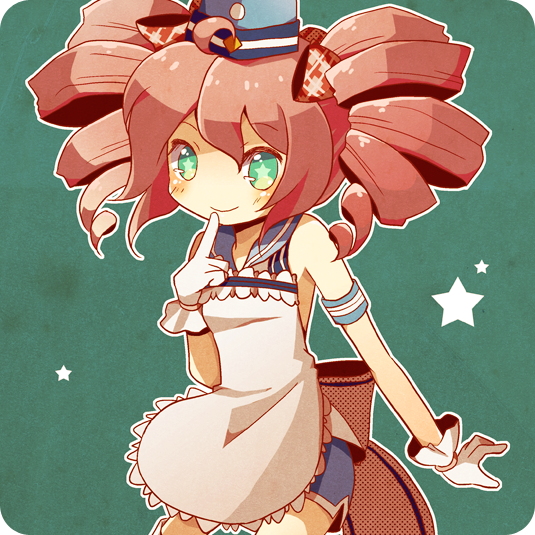 1girl ahoge alpha_transparency beatmania_(series) beatmania_iidx blue_hat blue_shorts chaki_(chakan) character_request closed_mouth dress drill_hair gloves green_eyes grey_dress hat long_hair looking_at_viewer shorts smile solo star-shaped_pupils star_(symbol) symbol-shaped_pupils twin_drills white_gloves