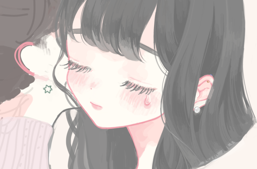 2girls black_hair blunt_bangs blush close-up closed_eyes earrings eyelashes gem jewelry makyuuu_(mmdy) multiple_girls pearl_(gemstone) pearl_earrings star_(symbol) star_earrings teardrop unfinished