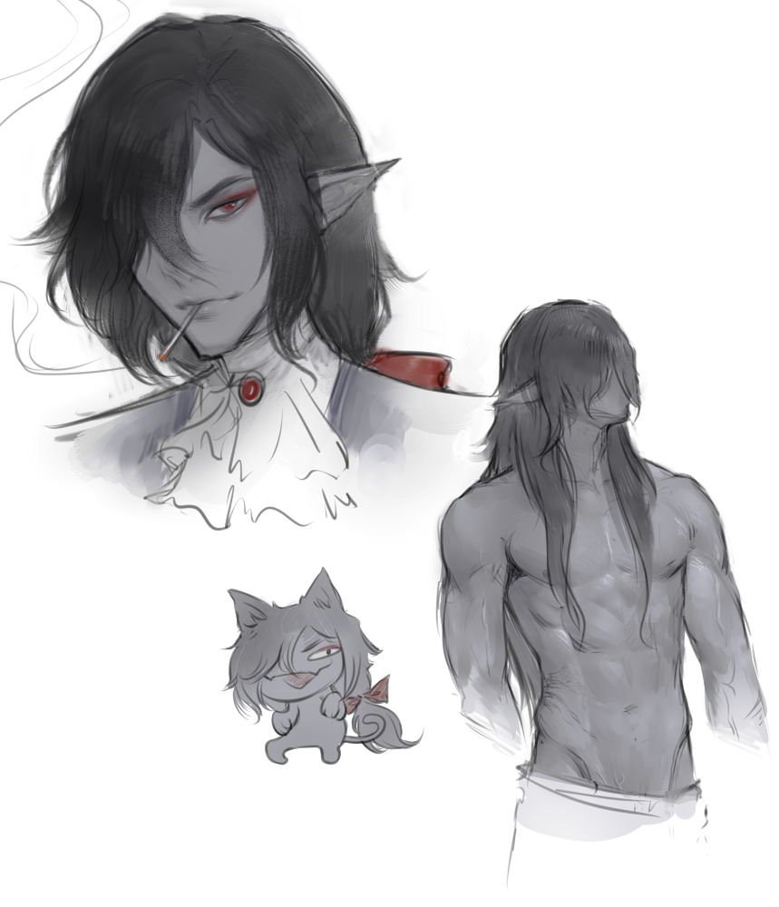 1boy abs alternate_form animal_ears ascot atanese_(nat_the_lich) black_hair chibi cigarette colored_skin dungeons_&amp;_dragons eyeshadow furry grey_skin groin long_hair looking_at_viewer makeup mouth_hold multiple_views nat_the_lich original pectorals pointy_ears red_eyes red_eyeshadow simple_background smoking solo_focus toned toned_male topless_male towel_around_waist white_ascot white_background