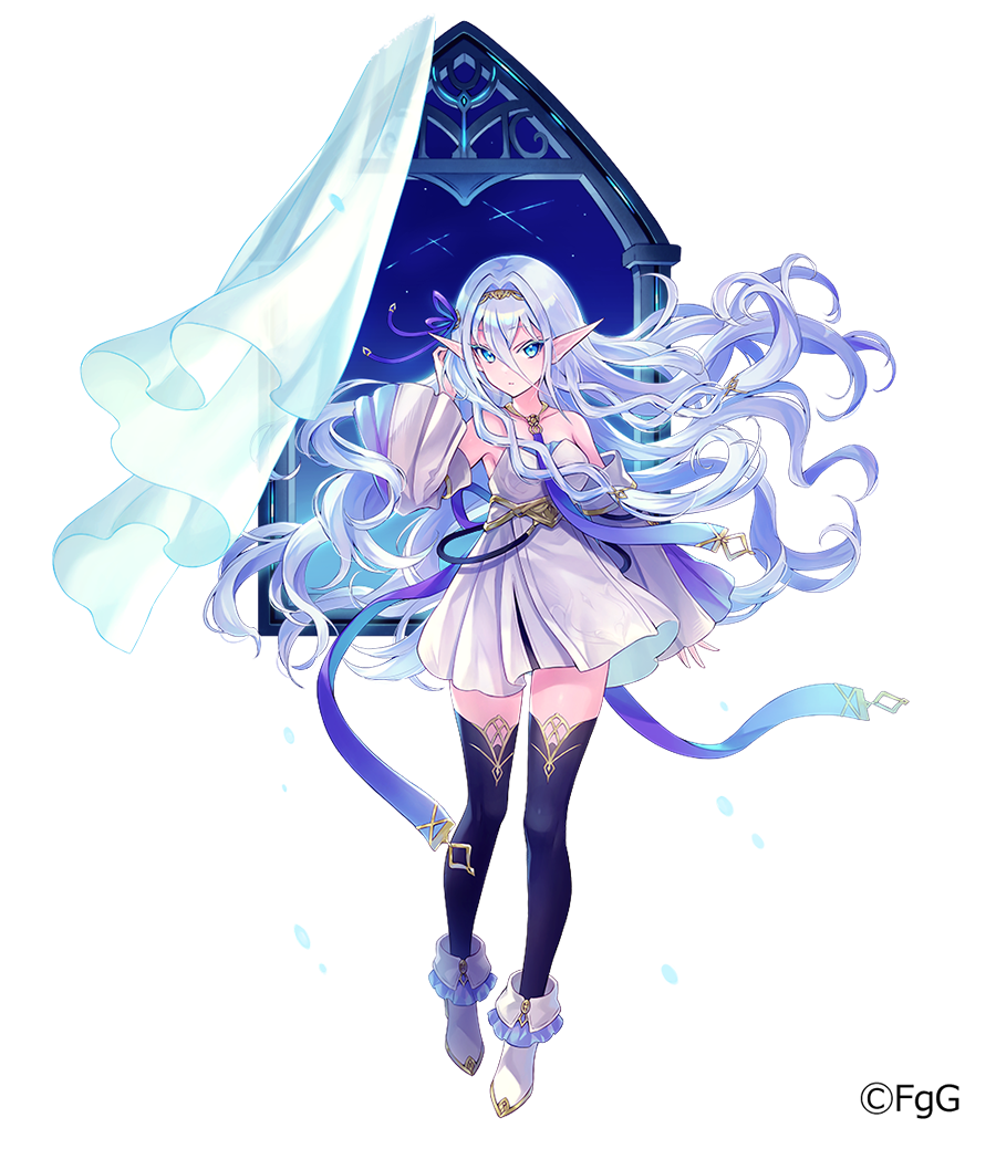 1girl bare_shoulders black_thighhighs blue_eyes blue_hair boots closed_mouth dare_ga_tame_no_alchemist dress floating_hair full_body hand_on_own_ear helene_(dare_ga_tame_no_alchemist) long_hair mikan_ame_(gumi) official_art pointy_ears ribbon second-party_source solo standing thighhighs white_dress white_footwear window