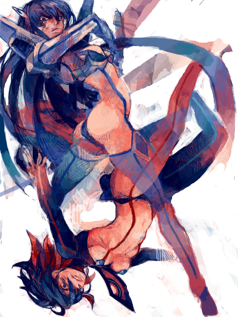 10s 2girls ass breasts junketsu kill_la_kill kiryuuin_satsuki long_hair mankanshoku_mako matoi_ryuuko multiple_girls revealing_clothes senketsu short_hair suspenders tegaki thighhighs turpentine_(artist) turpentine_(pin) underboob upside-down