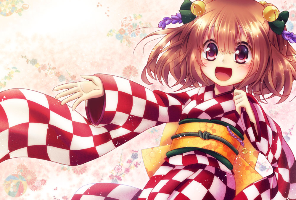 1girl :d bell checkered_clothes checkered_kimono female_focus flower hair_bell hair_flower hair_ornament japanese_clothes kimono lilac motoori_kosuzu open_mouth red_eyes red_hair smile solo touhou yugaimugai_hizou