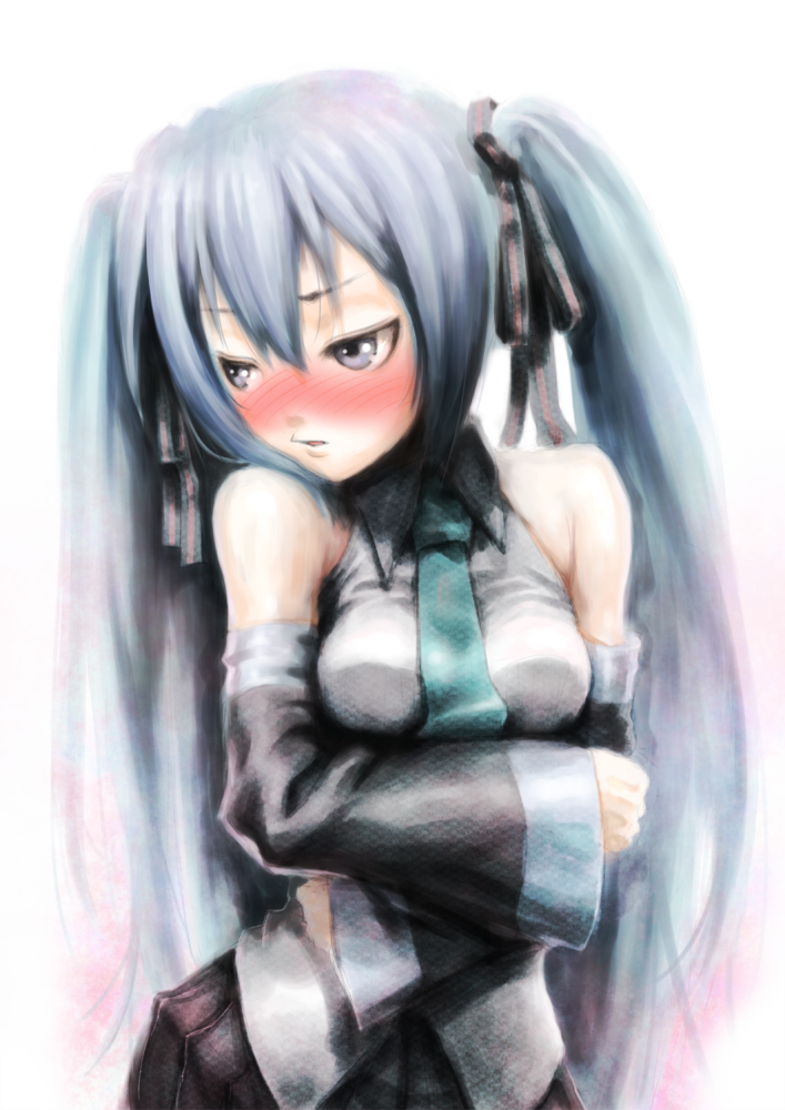 1girl bare_shoulders blue_hair blush breast_hold breasts detached_sleeves female_focus hatsune_miku long_hair looking_away necktie solo tsukuan twintails very_long_hair vocaloid