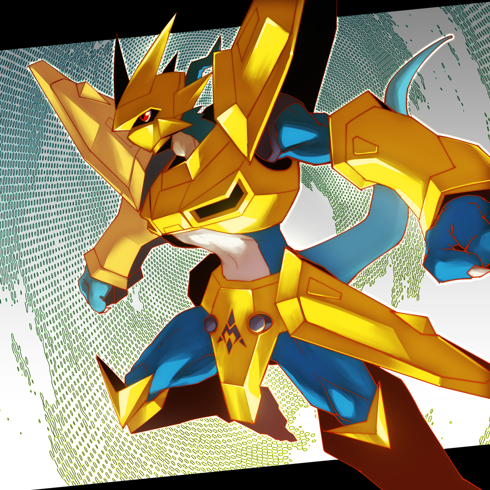 armor bandai chibi digimon full_armor gold golden_armor helmet magnamon monster muscular no_humans red_eyes royal_knights standing tail weapon