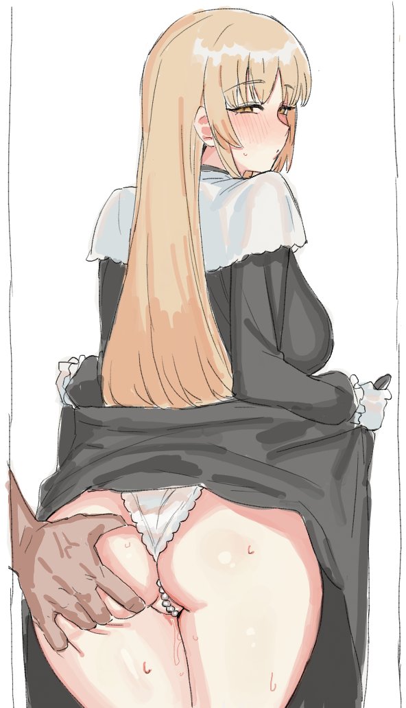 1girl ass blonde_hair breasts clothes_lift dress dress_lift grabbing_another&#039;s_ass grabbing_from_behind groping large_breasts long_hair nijisanji pearl_thong pussy simple_background sister_claire suisogenshi sweat underwear virtual_youtuber white_background yellow_eyes