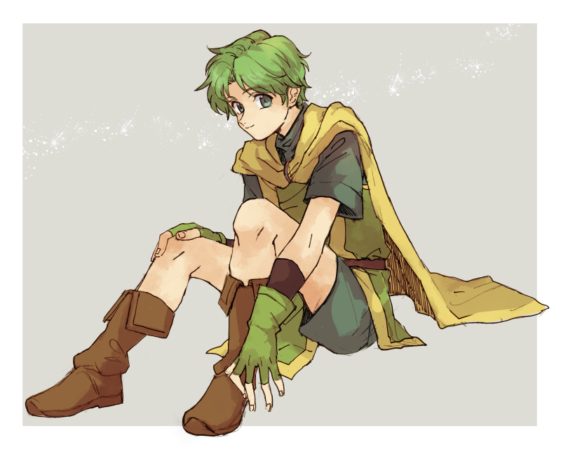 1boy boots border brown_footwear cape commentary_request fingerless_gloves fire_emblem fire_emblem:_the_binding_blade gloves green_eyes green_gloves green_hair hand_on_own_knee looking_at_viewer lugh_(fire_emblem) male_focus nintendo nmnm_bbb shorts simple_background sitting solo white_border yellow_cape