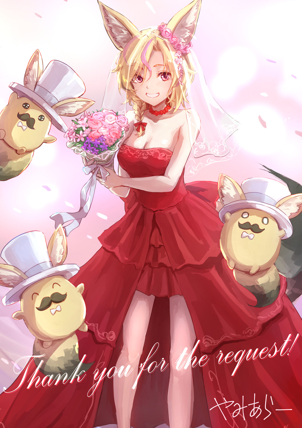 1girl animal_ear_fluff animal_ears bare_arms bare_shoulders blonde_hair commission dress ear_ornament ear_wreath flower_wreath fox_ears grin high-low_skirt highres hololive layered_dress looking_at_viewer medium_hair multicolored_hair omaru_polka pink_hair pixiv_commission red_dress smile solo solo_focus strapless strapless_dress streaked_hair virtual_youtuber yami_ara zain_(omaru_polka)