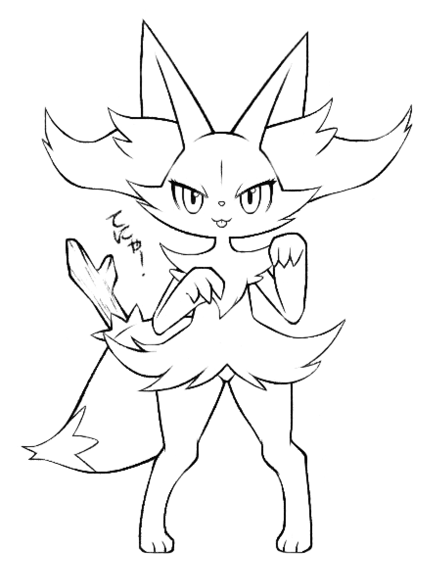 1girl :3 animal_ear_fluff animal_ears animal_nose bad_id bad_pixiv_id box_(hajimeyou654) braixen creatures_(company) fox_ears fox_tail full_body furry furry_female game_freak gen_6_pokemon hands_up looking_at_viewer monochrome nintendo pigeon-toed pokemon pokemon_(creature) simple_background slit_pupils solo standing stick tail tongue tongue_out tsurime white_background