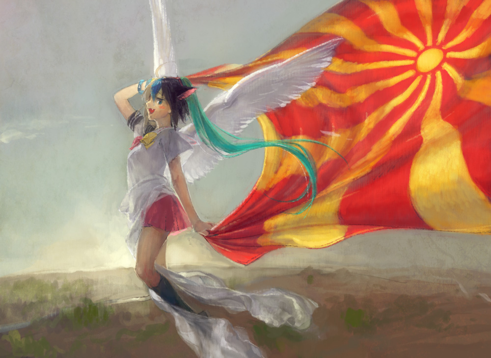 1girl ahoge animal_ears aqua_hair arm_up black_hair black_socks blonde_hair blue_eyes blue_hair bow bowtie bracelet cat_ears chaoz_lounge feathered_wings flag floating_hair flying from_side full_body futaba_channel holding holding_flag jewelry kneehighs long_hair miniskirt moetron multicolored_hair north_macedonian_flag open_mouth outdoors pink_bow pink_bowtie pink_skirt puffy_short_sleeves puffy_sleeves see-through_silhouette shirt short_sleeves skirt socks solo spread_wings twintails very_long_hair white_shirt white_wings wings yellow_bow yellow_bowtie