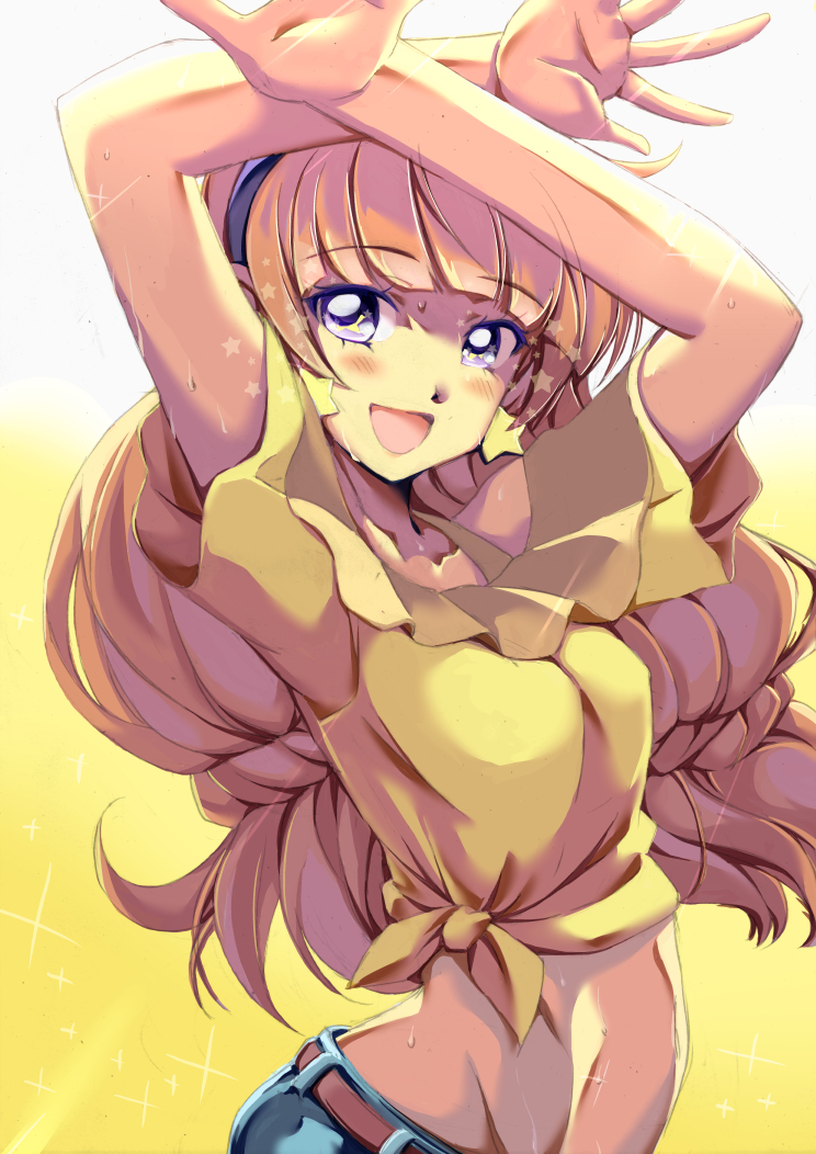 1girl :d amanogawa_kirara arms_up brown_hair earrings female_focus go!_princess_precure gradient_background jewelry long_hair midriff naruse_yasuhiro open_mouth precure purple_eyes shirt smile solo star-shaped_pupils star_(symbol) star_earrings symbol-shaped_pupils yellow_shirt