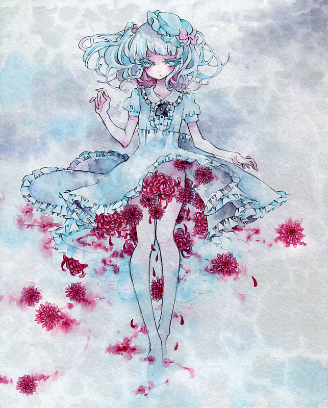 1girl alternate_body_fluid bare_legs blue_eyes blue_hair blush colored_eyelashes dress female_focus flower hat kawashiro_nitori matching_hair/eyes miri miri_(tobira_no_mukou) mob_cap solo spider_lily touhou