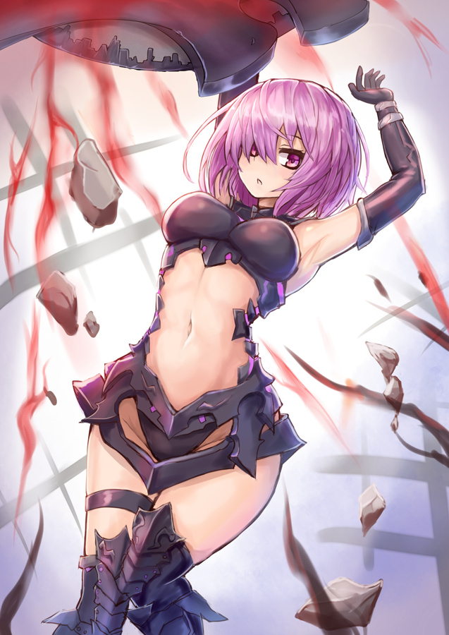 1girl armor armored_boots armored_dress armpits black_thighhighs boots breasts center_opening dress elbow_gloves fate/grand_order fate_(series) female_focus gloves hair_over_one_eye looking_at_viewer mash_kyrielight mash_kyrielight_(demi-servant) midriff navel purple_eyes purple_hair shield short_hair solo sumapan thighhighs