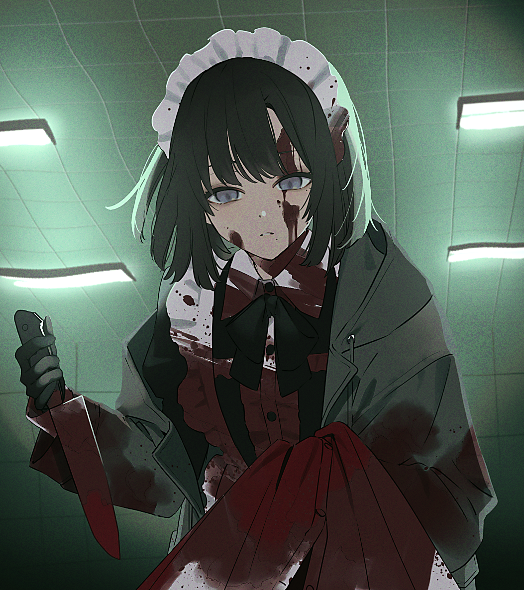 1girl apron arm_at_side black_gloves black_hair black_ribbon blood blood_on_clothes blood_on_face bloody_knife bloody_weapon bob_cut ceiling ceiling_light coat drawstring empty_eyes expressionless film_grain frilled_apron frills gloves grey_coat grey_eyes hand_up holding holding_knife hood hood_down hooded_coat image_warping indoors knife long_sleeves looking_down maid maid_headdress mole mole_under_mouth neck_ribbon open_clothes open_coat original parted_lips ribbon short_hair single_off_shoulder siotanikun solo tile_ceiling tiles upper_body vignetting weapon white_apron wing_collar