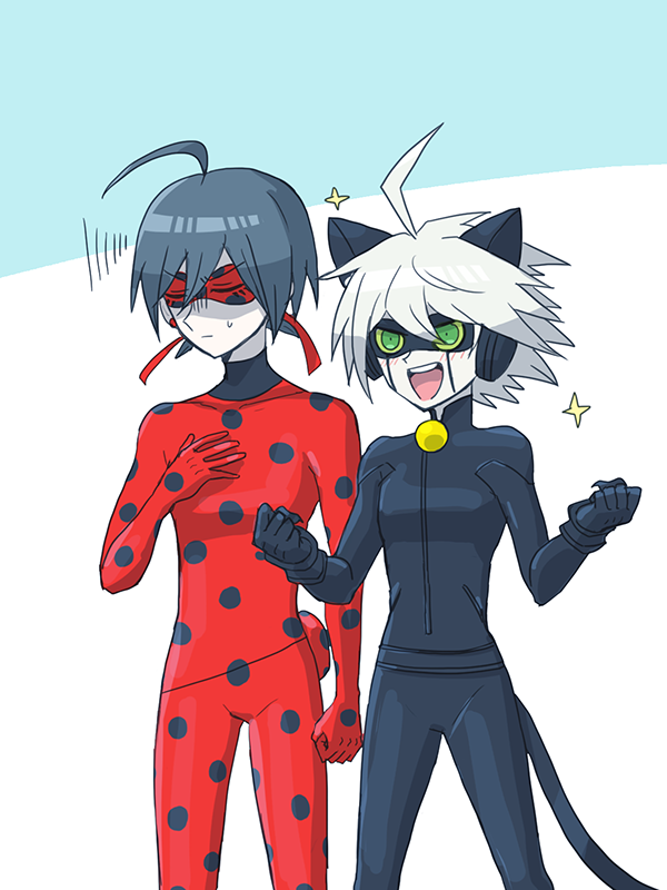 2boys ahoge alternate_eye_color animal_ears bell black_bodysuit black_gloves black_hair black_headphones black_mask blue_background blush bodysuit cat_ears cat_tail chat_noir chat_noir_(cosplay) clenched_hand clenched_hands closed_eyes closed_mouth colored_sclera cosplay cowboy_shot danganronpa_(series) danganronpa_v3:_killing_harmony excited eye_mask fake_animal_ears fake_claws fake_tail gloves gohan_(8823cobalt) green_eyes hair_between_eyes k1-b0 ladybug_(character) ladybug_(character)_(cosplay) light_frown looking_ahead male_focus miraculous_ladybug multiple_boys neck_bell open_mouth polka_dot_bodysuit polka_dot_mask red_bodysuit red_mask saihara_shuichi short_hair simple_background smile sparkle squiggle superhero_costume sweatdrop tail teeth turtleneck turtleneck_bodysuit two-tone_background upper_teeth_only v-shaped_eyebrows white_background white_hair yellow_sclera