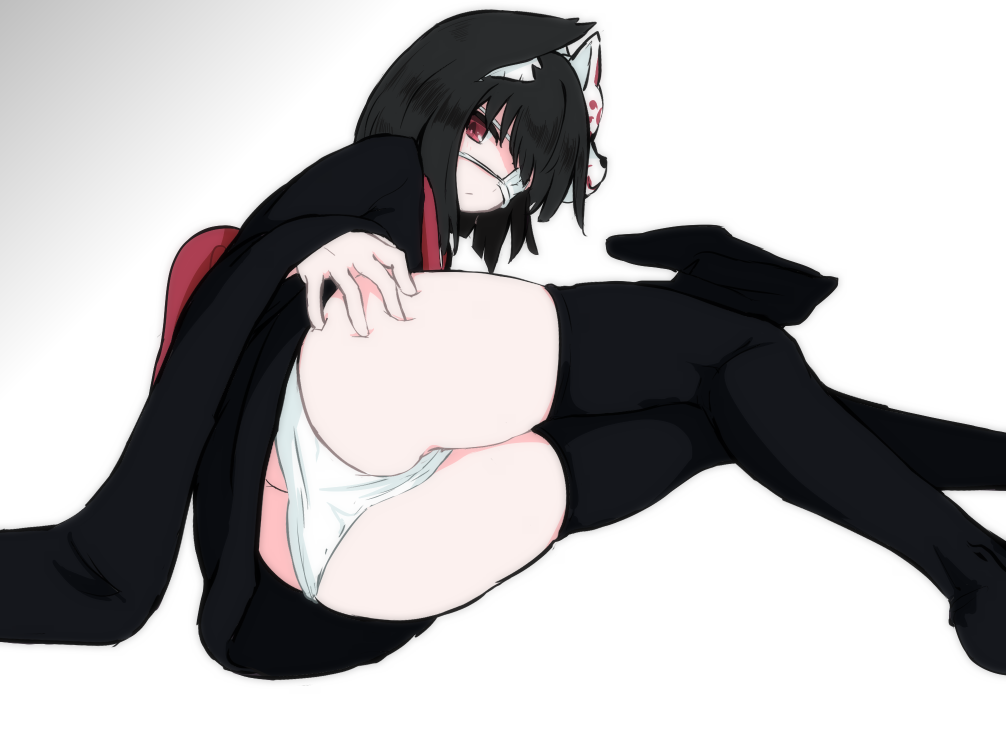 1girl animal_ears ass black_hair black_kimono black_thighhighs blunt_bangs bob_cut butt_crack cat_ears closed_mouth commentary eyepatch fox_mask gradient_background grey_background hand_on_own_ass japanese_clothes kimono kuchinashi_(not_on_shana) legs light_frown looking_at_viewer lying mask not_on_shana obi on_side original panties red_eyes sash short_hair short_kimono skindentation solo thighhighs underwear very_long_sleeves white_panties