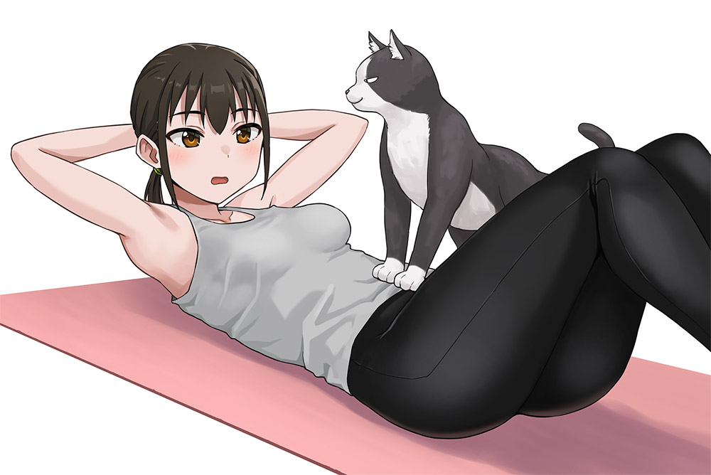 1girl animal_ears blush breasts brown_eyes brown_hair cat cat_ears cat_tail commentary_request embarrassed hashi long_bangs lying medium_breasts on_back open_mouth original pants ponytail solo tail tank_top white_background yoga_mat yoga_pants