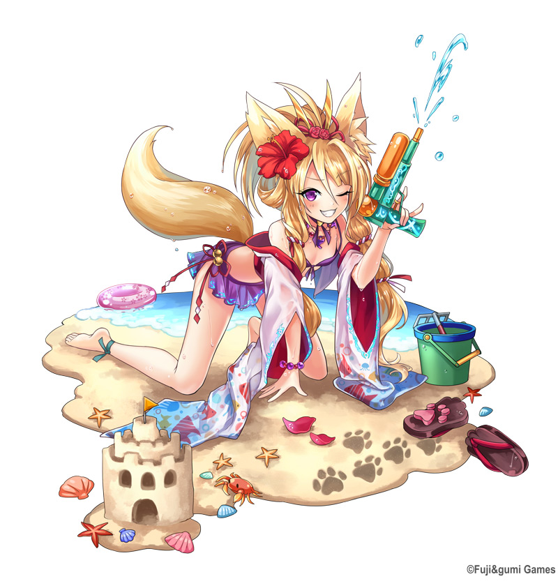 1girl animal_ears barefoot beach bikini blonde_hair bucket crab flower footprints fox_ears fox_girl fox_tail full_body geta hair_flower hair_ornament holding holding_water_gun long_hair looking_at_viewer official_alternate_costume official_art one_eye_closed outdoors pink_innertube purple_bikini purple_eyes red_flower rin_(ta_ga_tame_no_alchemist) sand_castle sand_sculpture shell smile solo starfish swimsuit ta_ga_tame_no_alchemist tail third-party_source water_gun white_background