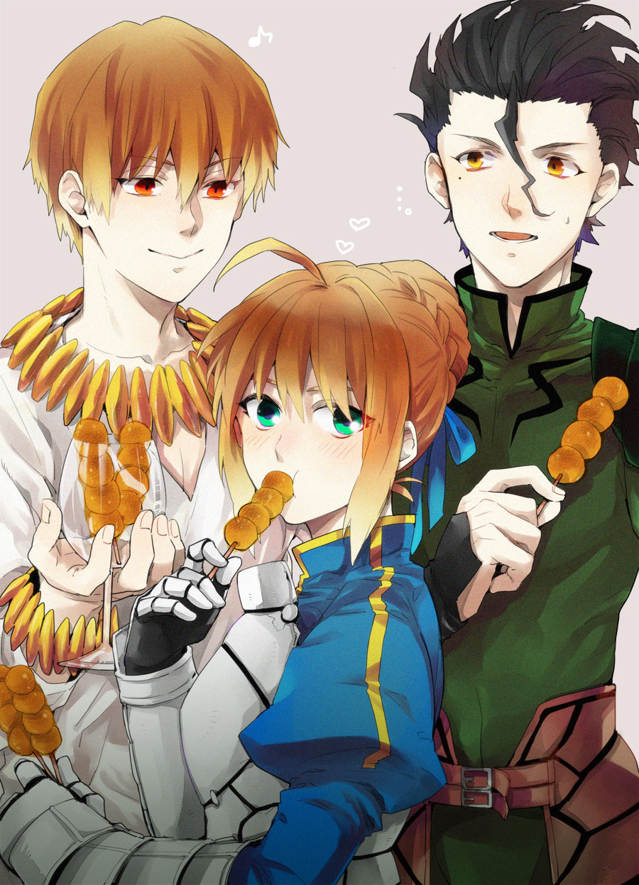 1girl 2boys ahoge armor artoria_pendragon_(all) artoria_pendragon_(fate) black_hair blonde_hair crnksg dango diarmuid_ua_duibhne_(lancer)_(fate) dress eating fate/zero fate_(series) food gauntlets gilgamesh_(fate) green_eyes hair_ribbon highres jewelry juliet_sleeves long_sleeves mitarashi_dango mole mole_under_eye multiple_boys necklace official_alternate_costume puffy_sleeves red_eyes ribbon saber_(fate) skewer smile sugimoto_(niboshiumai) wagashi yellow_eyes