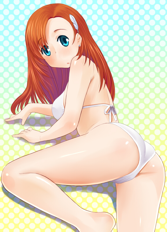 aqua_eyes ass banpresto bikini cliana_rimskaya katatsuka_kouji long_hair lying on_side orange_hair solo super_robot_wars super_robot_wars_destiny swimsuit