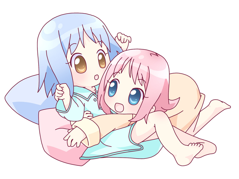 00s 2girls amamiya_manami barefoot blue_eyes blue_hair chibi gakuen_utopia_manabi_straight! inamori_mika mirai_(sugar) multiple_girls pajamas pink_hair