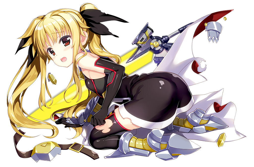 1girl armored_boots armored_gloves ass bardiche_(blitz_saber_form)_(nanoha) bardiche_(nanoha) black_dress black_gloves blonde_hair boots broken broken_sword broken_weapon dress elbow_gloves energy_sword fate_testarossa fate_testarossa_(blaze_iii) fujima_takuya full_body gloves kneeling layered_gloves lyrical_nanoha magical_girl mahou_shoujo_lyrical_nanoha_detonation official_art open_mouth solo sword tenka_hyakken thighhighs torn_clothes torn_thighhighs twintails unworn_cape weapon