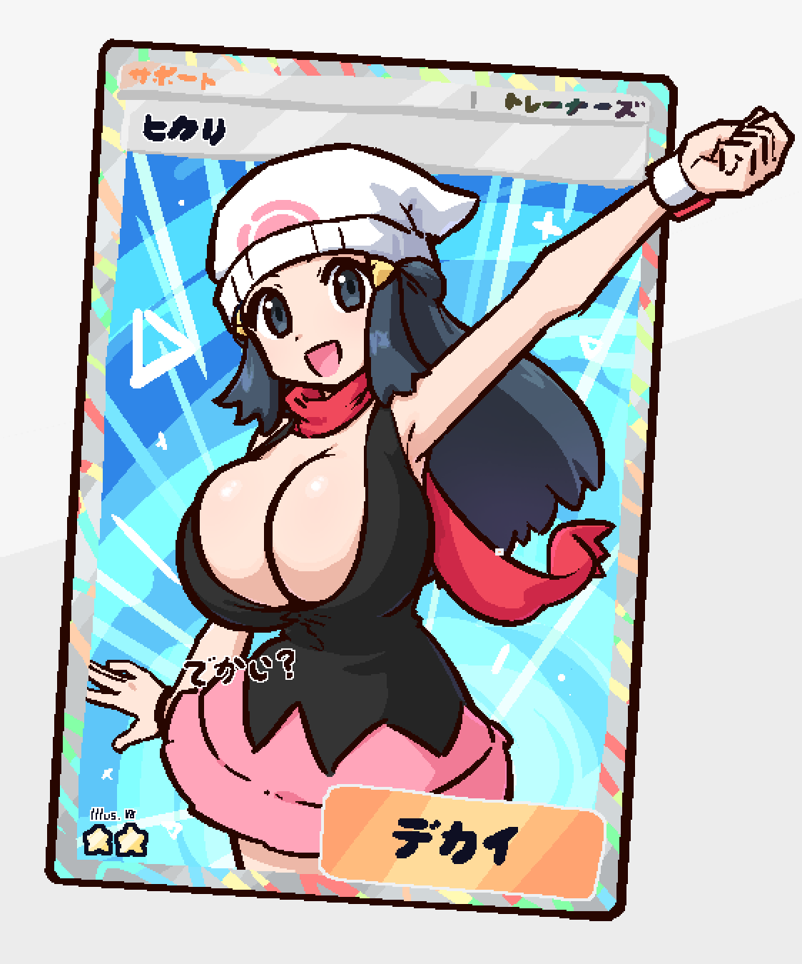 1girl :d alternate_breast_size armpits beanie black_shirt blue_eyes blue_hair breasts card cleavage commentary cowboy_shot creatures_(company) dawn_(pokemon) english_commentary fake_trading_card game_freak grey_background hat highres large_breasts liveactors long_hair looking_at_viewer miniskirt nintendo open_mouth pink_skirt pokemon pokemon_dppt pokemon_tcg pokemon_tcg_pocket red_scarf scarf shirt skirt sleeveless sleeveless_shirt smile solo sparkle tongue tongue_out white_hat white_wrist_cuffs wrist_cuffs