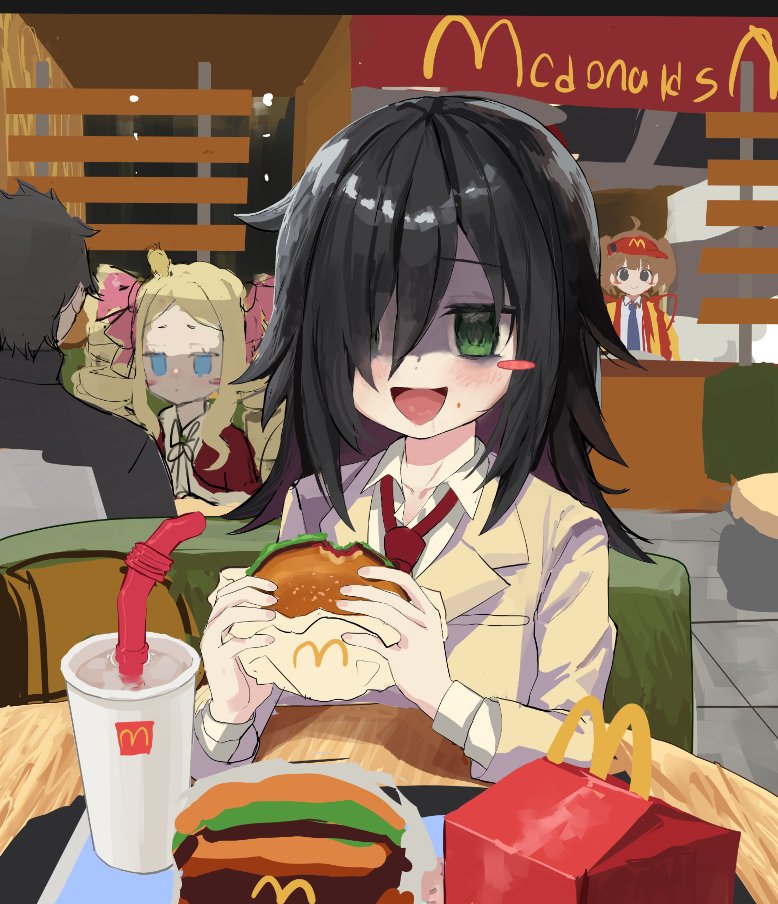 1boy 3girls beatrice_(re:zero) bendy_straw black_hair blazer blonde_hair blue_eyes blush_stickers burger chair cup disposable_cup drinking_straw food green_eyes hair_over_one_eye holding holding_burger holding_food imadake_dabuchi_tabemi indoors jacket kagana_helsuki kuroki_tomoko mcdonald&#039;s multiple_girls natsuki_subaru necktie open_mouth re:zero_kara_hajimeru_isekai_seikatsu red_necktie school_uniform sitting table track_jacket visor_cap watashi_ga_motenai_no_wa_dou_kangaetemo_omaera_ga_warui! yellow_jacket