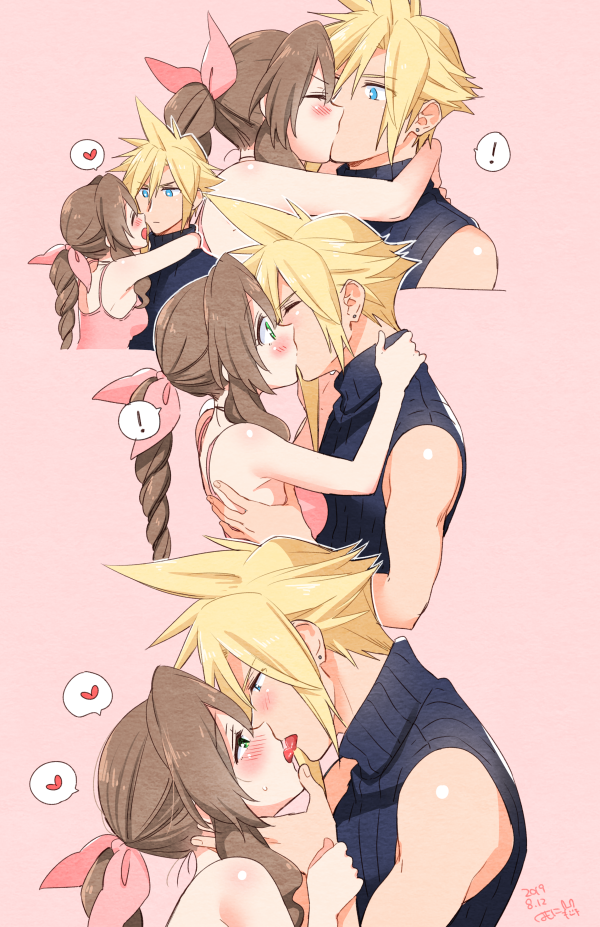 ! 1boy 1girl aerith_gainsborough arms_around_neck asymmetrical_hair blonde_hair blue_eyes blue_shirt blush braid braided_ponytail breasts brown_hair closed_eyes cloud_strife couple dress earrings final_fantasy final_fantasy_vii final_fantasy_vii_remake french_kiss green_eyes hair_between_eyes hair_ribbon hand_on_another&#039;s_chin hands_on_another&#039;s_back heart hetero holding_another&#039;s_wrist jacket jewelry kiss krudears long_hair medium_breasts multiple_views open_mouth pink_background pink_dress ribbon shirt sidelocks single_earring sleeveless sleeveless_turtleneck smile spiked_hair square_enix sweatdrop tongue tongue_out turtleneck unworn_armor unworn_jacket upper_body