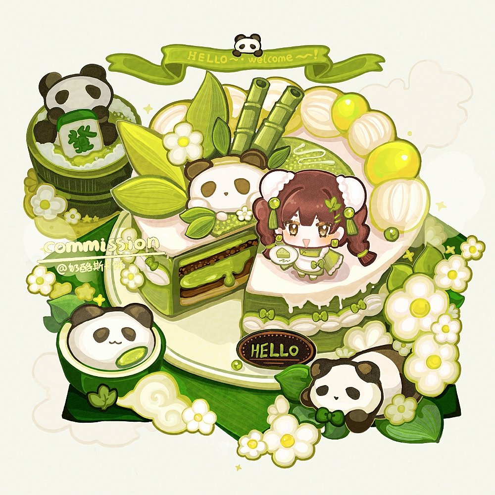 1girl animal-themed_food apron bamboo_shoot banner bow braid brown_hair bun_cover cake cake_slice chibi chinese_commentary commentary_request commission cup double_bun dress dripping earrings english_text flower food food_focus frilled_sleeves frills green_bow green_dress green_eyes green_footwear green_kimono grey_background hair_bobbles hair_bun hair_ornament hairclip happy holding holding_plate icing japanese_clothes jewelry kimono leaf leaf_hair_ornament light_blush long_hair long_sleeves looking_at_viewer maid matcha_(food) mochi nailao_si_ka_bing napkin open_mouth original panda plate shoes sleeves_past_fingers sleeves_past_wrists smile socks solo sparkle sphere_earrings steam tassel tassel_hair_ornament twin_braids wa_maid white_apron white_flower white_socks xiangyun wide_sleeves yunomi