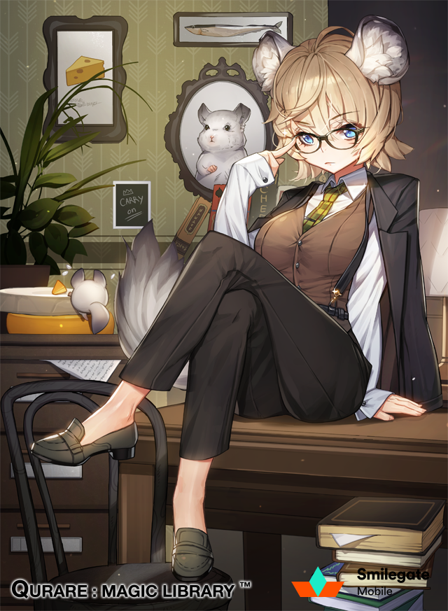 1girl ahoge animal_ears artistic_error black-framed_eyewear blonde_hair blue_eyes book book_stack breasts cabinet chair cheese cheese_wheel crossed_legs desk drawing_(object) female_focus file_cabinet food glasses indoors jacket large_breasts loafers looking_at_viewer mouse_(animal) mouse_ears mouse_tail necktie pants picture_frame qurare_magic_library shoes short_hair sitting solo tail vest whoisshe wrong_foot