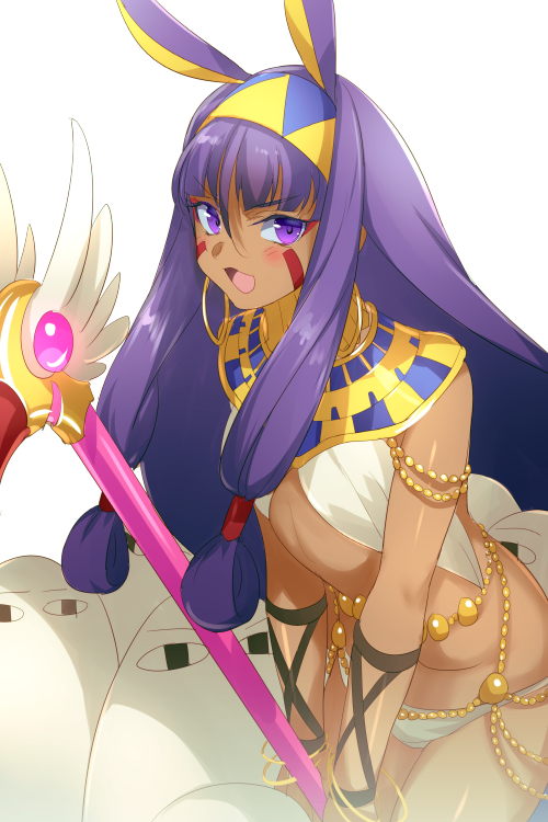 1girl ancient_egyptian ancient_egyptian_clothes animal_ears ass belly_chain blush bracelet breasts cardcaptor_sakura dark-skinned_female dark_skin earrings echo_(circa) facepaint facial_mark fate/grand_order fate_(series) fuuin_no_tsue hairband halterneck hoop_earrings jackal_ears jewelry long_hair looking_at_viewer medium_breasts medjed_(fate) nitocris_(fate) open_mouth purple_eyes purple_hair sidelocks usekh_collar very_long_hair wand