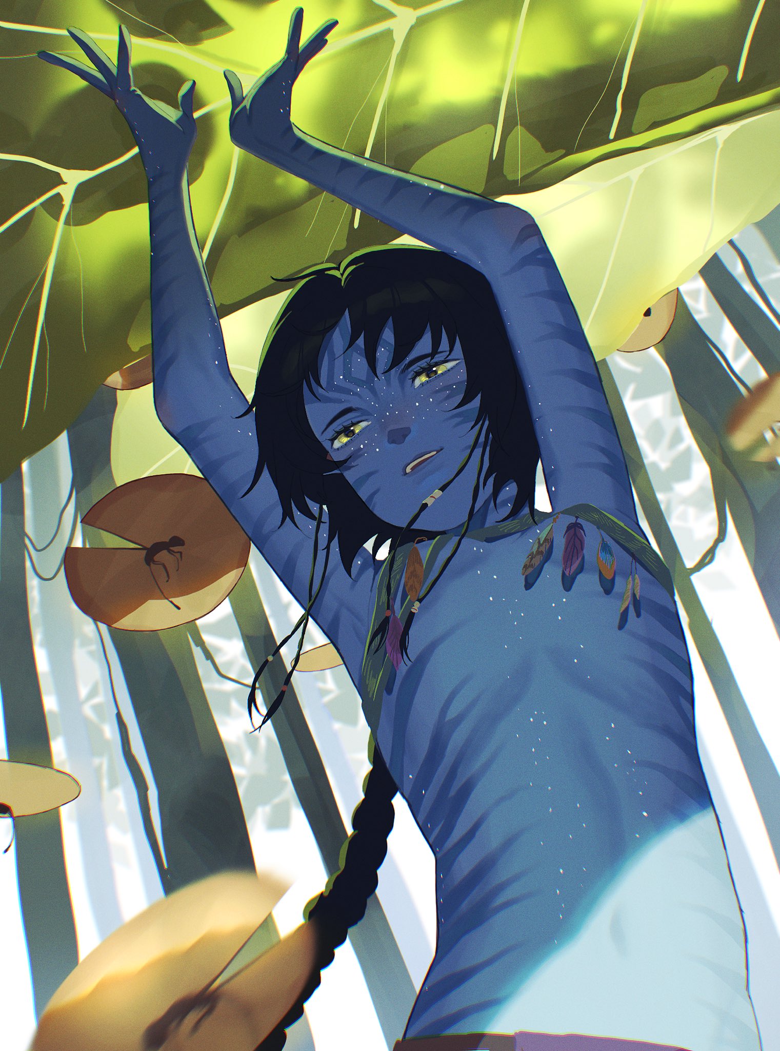 kiri (avatar), avatar: the way of water, avatar (2009 film), james  cameron's avatar, commentary, english commentary, highres, 1girl,  alien, armpits, black hair, blue skin, breasts, cat girl, colored skin,  cowboy shot, from