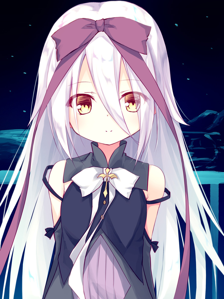 1girl bare_shoulders black_dress bow closed_mouth commentary_request dress eyes_visible_through_hair hair_between_eyes hair_bow highres hoshizora_no_memoria long_hair looking_at_viewer mare_s._ephemeral night night_sky outdoors railing red_bow sky sleeveless sleeveless_dress smile solo very_long_hair white_bow white_hair yellow_eyes yuku_(kiollion)