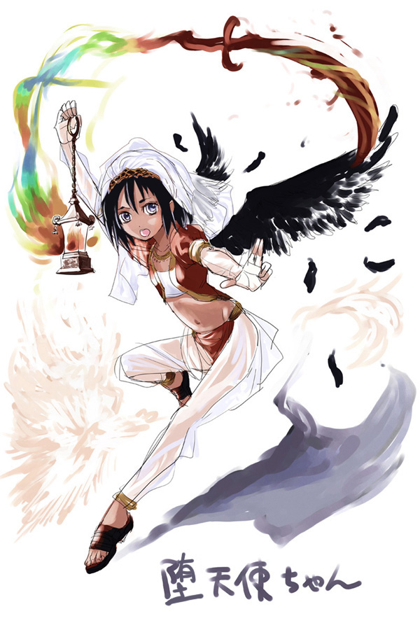 1girl aida_yuu fantasy feathers female_focus harem_pants lantern original pants solo wings