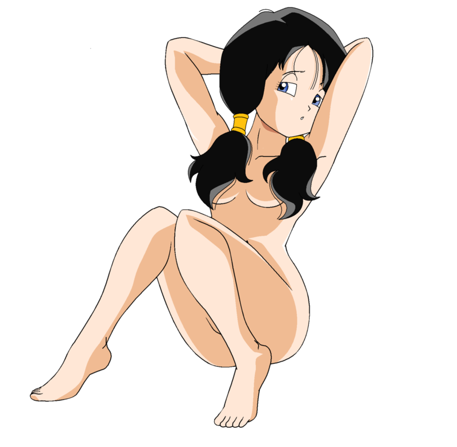 1girl arms_behind_head black_hair blue_eyes completely_nude convenient_censoring convenient_leg covered_erect_nipples covering_breasts covering_privates dragon_ball dragonball_z hairband legs_together msjoelart nude videl yellow_hairband