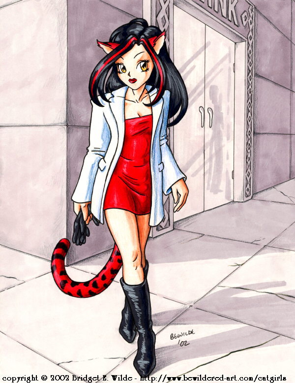 00s 1girl 2002 animal_ears bewildered black_footwear black_gloves black_hair boots breasts cat_ears cat_girl cat_tail cleavage collarbone dress female_focus gloves holding jacket long_hair long_sleeves medium_breasts multicolored_hair red_dress red_hair red_lips solo streaked_hair tail two-tone_hair unworn_gloves walking white_jacket yellow_eyes