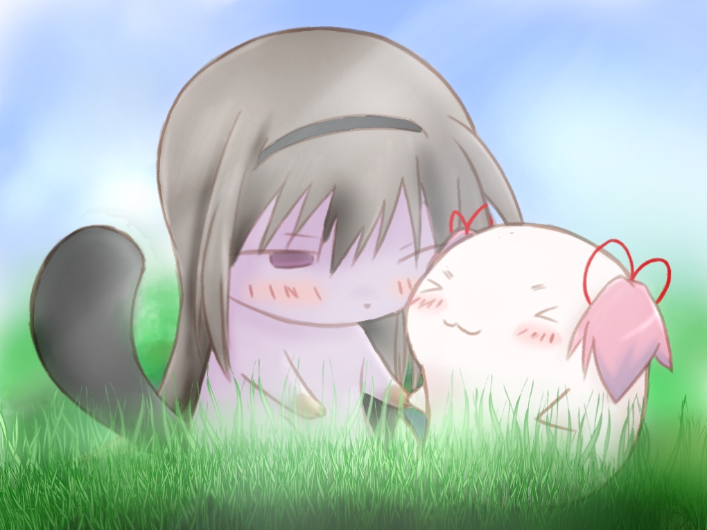 &gt;_&lt; 10s 2girls :3 akemi_homura animalization black_hair blush closed_eyes closed_mouth creature day field gomadoka grass hairband heart holding_hands homurakko kaname_madoka kuuru long_hair looking_at_another mahou_shoujo_madoka_magica mahou_shoujo_madoka_magica_(anime) multiple_girls no_humans otter pink_hair seal_(animal) short_twintails sky tail twintails x3 yuri