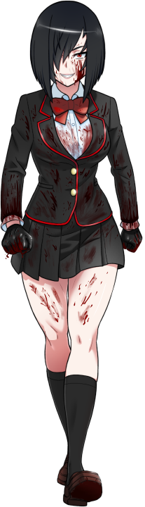 1girl aged_up alternate_hairstyle black_gloves black_hair black_skirt black_socks blazer blood blood_on_body blood_on_clothes blood_on_face blood_on_gloves bob_cut bow breasts brown_footwear buttons clenched_hands full_body gloves grin hair_over_one_eye hanako_yamada jacket kjech kneehighs loafers looking_at_viewer medium_breasts nemesis-chan official_art pleated_skirt red_eyes sanpaku school_uniform second-party_source shirt shoes short_hair skirt slit_pupils smile socks solo transparent_background white_shirt yandere_simulator