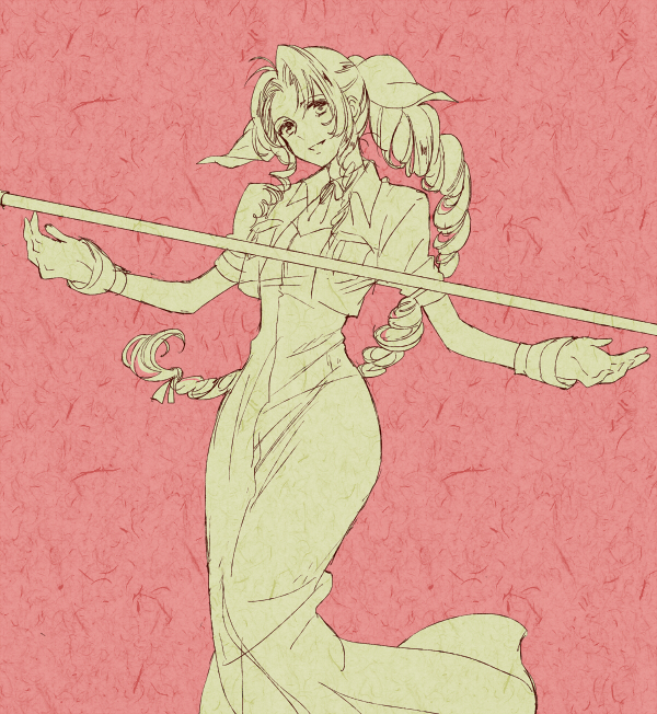 1girl aerith_gainsborough bracelet braid braided_ponytail choker cropped_jacket curly_hair dress final_fantasy final_fantasy_vii hair_ribbon holding holding_weapon jewelry long_dress long_hair parted_bangs pink_background ribbon ribbon_choker sidelocks sketch smile solo square_enix staff takanamushi upper_body weapon