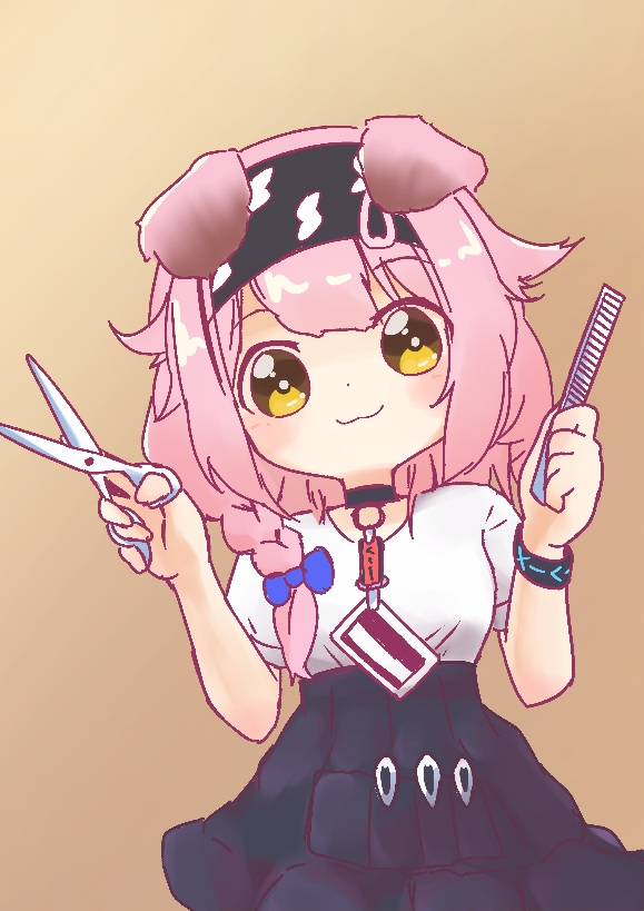 1girl :3 animal_ears arknights black_choker black_hairband bow brown_background chibi chibi_only choker closed_mouth comb commentary_request cowboy_shot dot_nose etohitoha goldenglow_(arknights) gradient_background hair_bow hairband holding holding_comb holding_scissors infection_monitor_(arknights) lightning_bolt_print looking_at_viewer medium_hair object_in_pocket oekaki partial_commentary pink_hair pocket purple_bow scissors shirt short_sleeves smile solo standing t-shirt white_shirt yellow_eyes