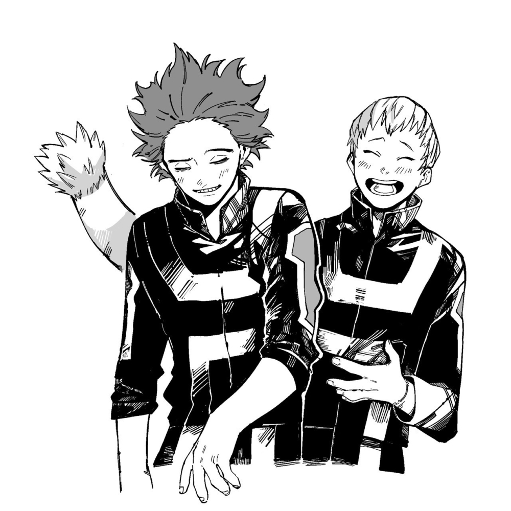 2boys boku_no_hero_academia closed_eyes engawaji facing_viewer greyscale laughing long_sleeves male_focus medium_hair monochrome multiple_boys ojiro_mashirao shinso_hitoshi short_hair simple_background smile standing tail u.a._gym_uniform white_background