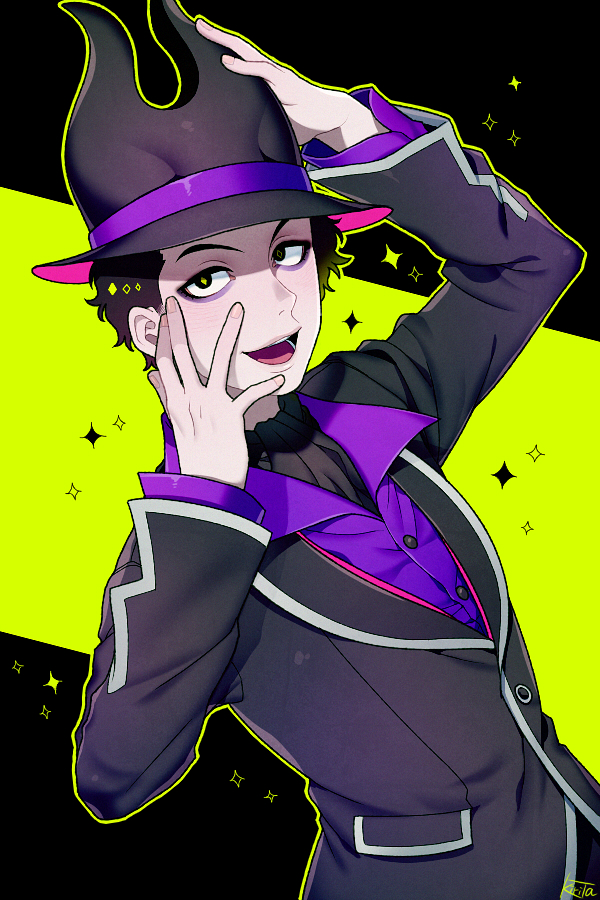 1boy arm_up ascot black_ascot black_hair black_hat black_jacket buttons collared_shirt diamond-shaped_pupils diamond_(shape) disneyland eyeshadow hat jacket kiri_futoshi looking_at_viewer makeup male_focus marfie open_mouth purple_eyeshadow purple_shirt recruiters_(disney) shirt short_hair solo sparkle symbol-shaped_pupils yellow_pupils