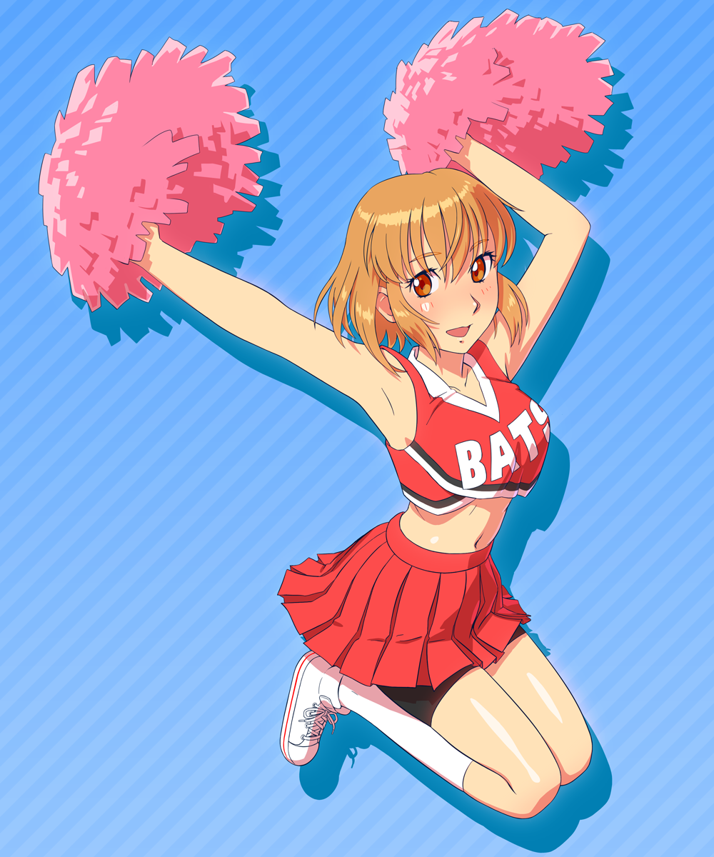 00s 1girl anezaki_mamori armpits bike_shorts brown_eyes brown_hair cheerleader crop_top crop_top_overhang eyeshield_21 fukusuke_hachi-gou highres looking_at_viewer md5_mismatch midriff navel pom_pom_(cheerleading) short_hair