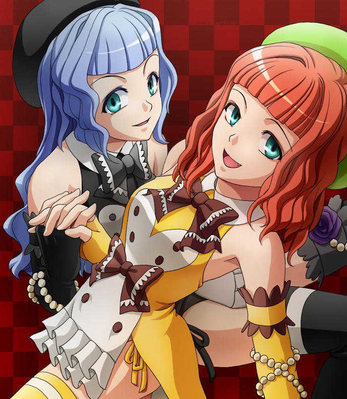 00s 1boy 1girl aqua_eyes bad_id bad_pixiv_id beads beret blue_hair bow brown_bow checkered_background crossdressing detached_sleeves dress elbow_gloves fang fingerless_gloves furfur gloves hat hetero holding_hands long_hair nopi_(kzndn) orange_hair striped thighhighs trap umineko_no_naku_koro_ni zepar