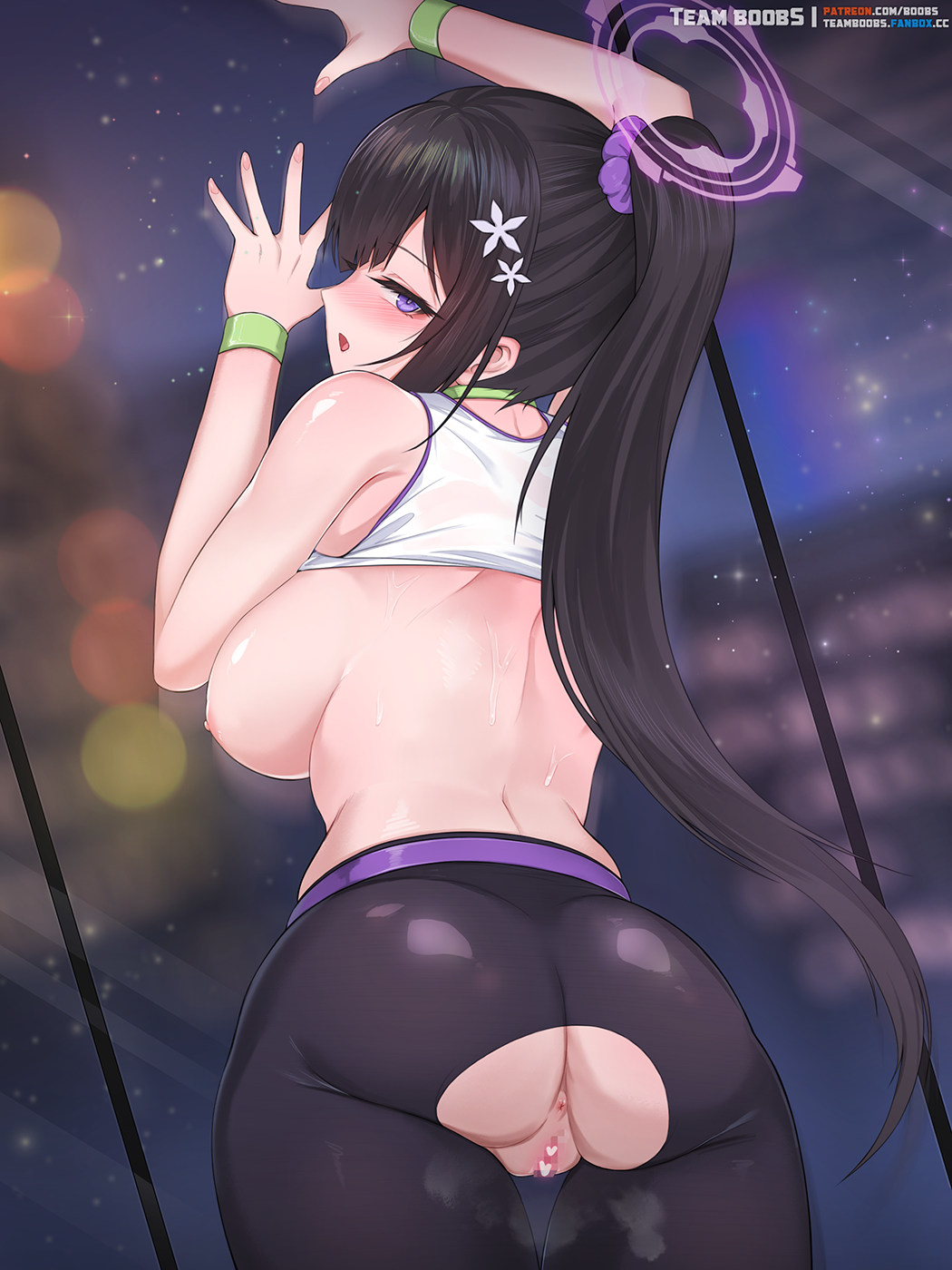 1girl against_glass anus ass bare_arms bare_shoulders black_hair black_pants blue_archive blush breasts censored clothes_lift crotch from_behind hair_ornament hair_scrunchie halo heart heart_censor highres large_breasts leggings long_hair looking_at_viewer looking_back nipples pants parted_lips ponytail purple_eyes purple_pants purple_scrunchie pussy rebe11 scrunchie shirt sleeveless solo sports_bra sports_bra_lift sportswear steam sumire_(blue_archive) torn_clothes torn_pants white_shirt window wristband