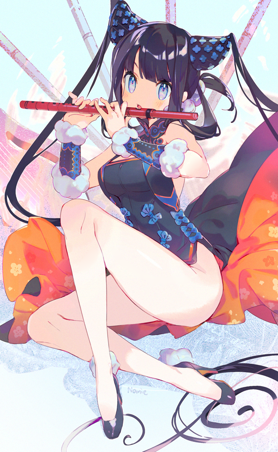 1girl black_hair blue_eyes breasts fate/grand_order fate_(series) flute high_heels instrument long_hair music namie-kun playing_instrument signature sitting solo thighs twintails very_long_hair yang_guifei_(fate)