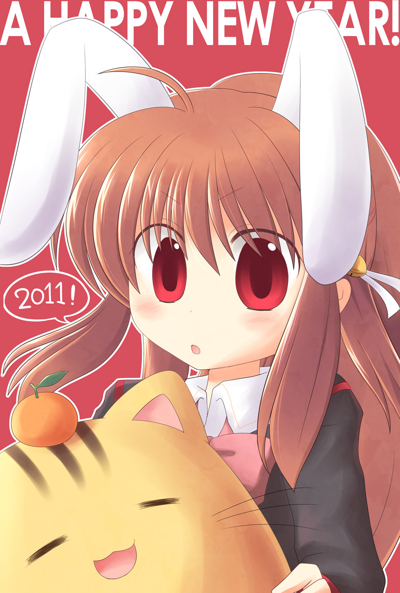 animal_ears brown_hair cat doruji food fruit little_busters! long_hair natsume_rin orange_(fruit) ponytail rabbit_ears red_eyes ryuuga_nanamaru school_uniform solo