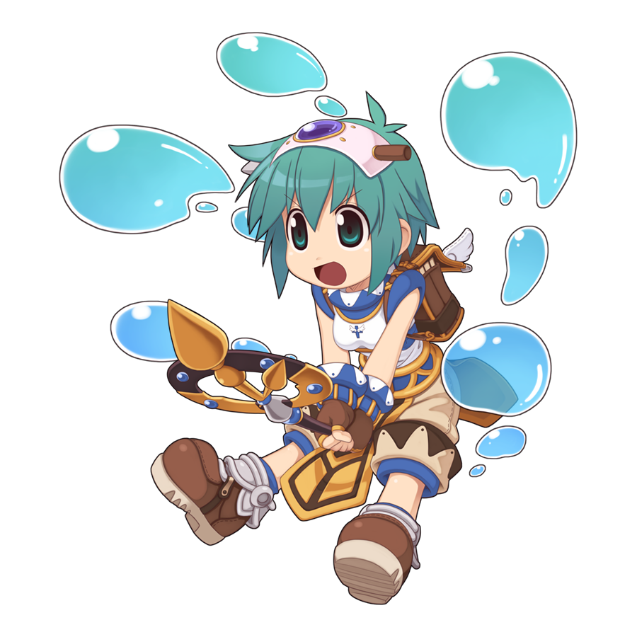 1girl :d backpack bag blue_eyes blue_hair blue_shirt boots breasts brown_bag brown_footwear brown_gloves brown_shorts chibi chibi_only cross cross_print fingerless_gloves full_body gloves holding hydrokinesis jumping looking_afar official_art open_mouth ragnarok_online shirt shorts simple_background sleeveless sleeveless_shirt small_breasts smile solo super_novice_(ragnarok_online) transparent_background turtleneck turtleneck_shirt two-tone_shirt v-shaped_eyebrows water white_shirt yuichirou